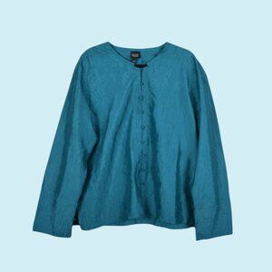Eileen Fisher Silk Blouse Size XL Teal Blue Textured Long Sleeve Button Tunic